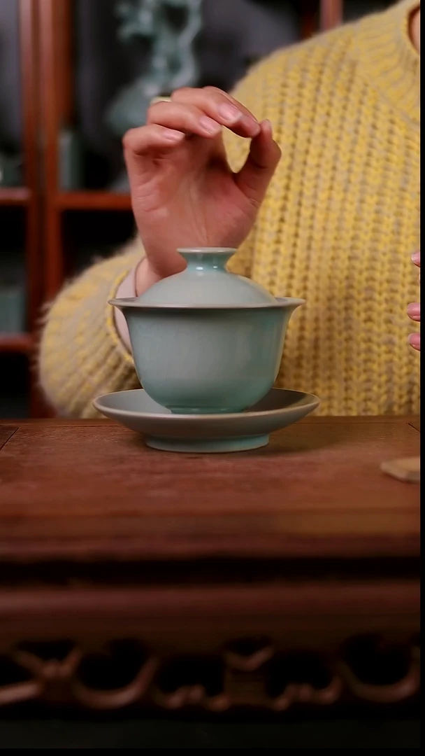 盖碗陶青霁汝窑仿古釉   元宝盖碗微瑕