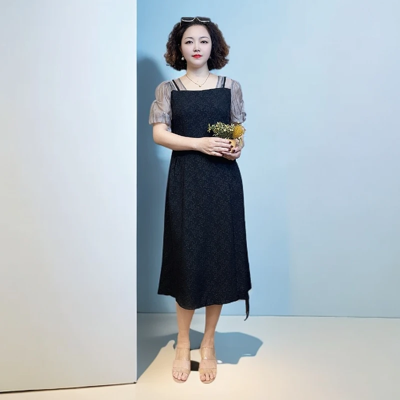 【阿祖家】法式拼色中裙收腰气质连衣裙显瘦A字裙