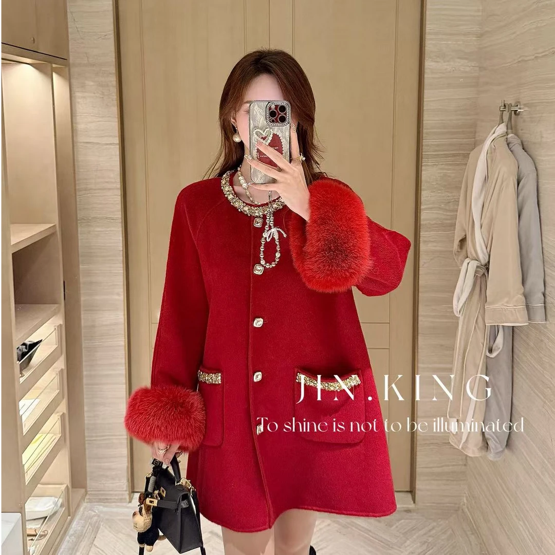 【JIN_KING】女装秋冬双面呢大衣高级感韩系毛袖羊毛呢外套J0111