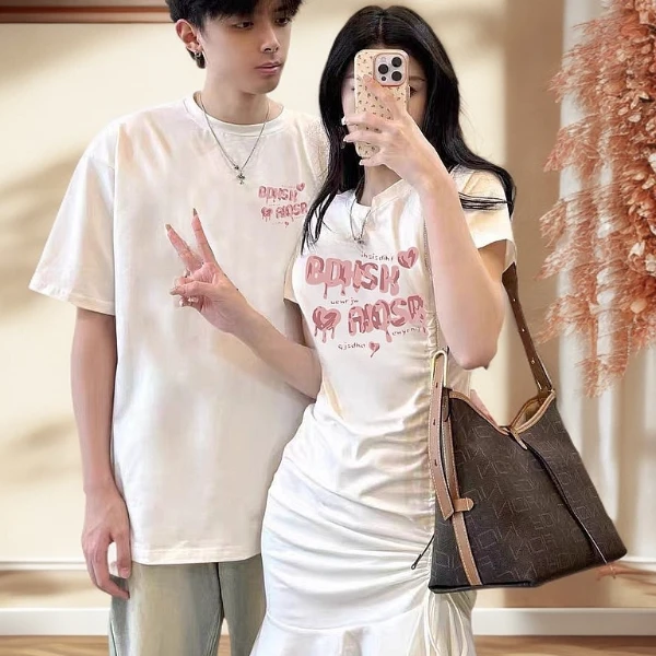 情侣装一衣一裙2025新款夏季网红法式高级感情侣短袖t恤套装男女