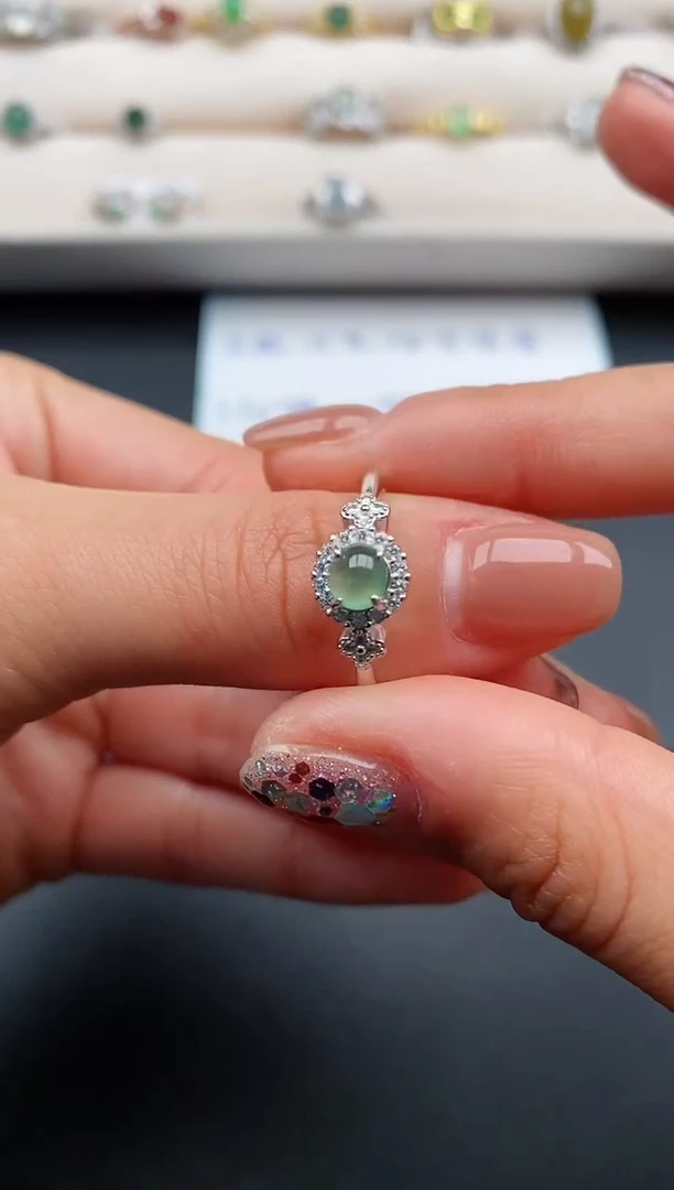 银S925镶嵌戒指翡翠缅甸天然A货翡翠22  3-7