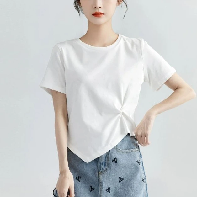 白色圆领短袖T恤女春2025夏季新款不规则褶皱显瘦正肩体恤短上衣