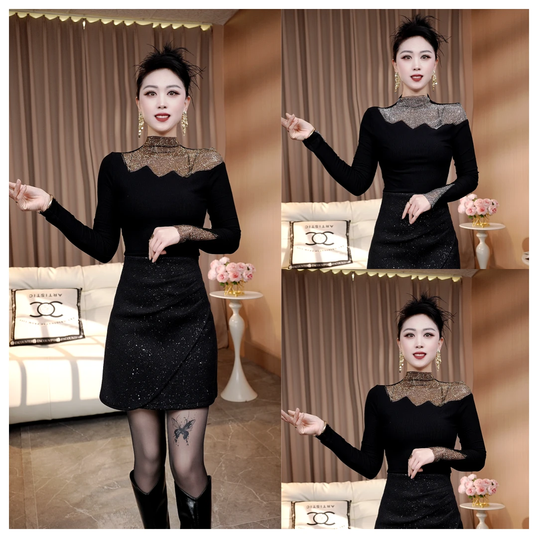 冬季新款时尚洋气镂空气质性感亮钻袖口烫钻半高领百搭长袖上衣