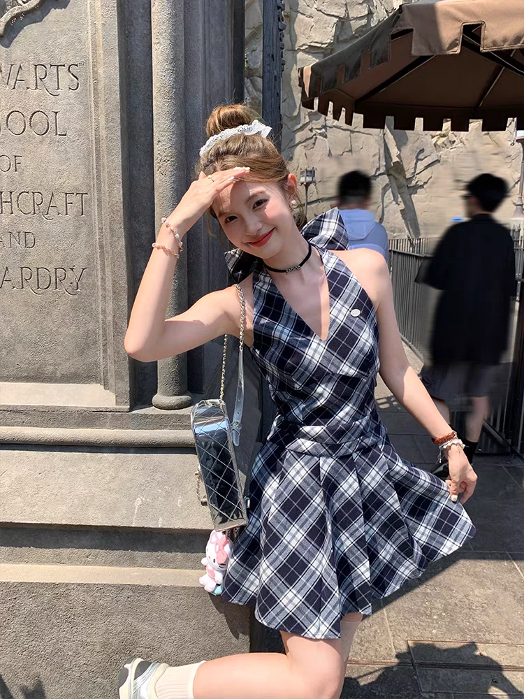【高个子定制】法式气质V领格子连衣裙背心格子短裙