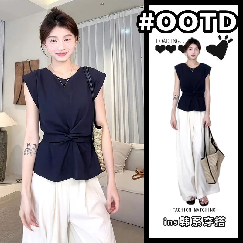 气质绑带扭结收腰显瘦无袖上衣阔腿裤两件套女夏季小众设计感套装