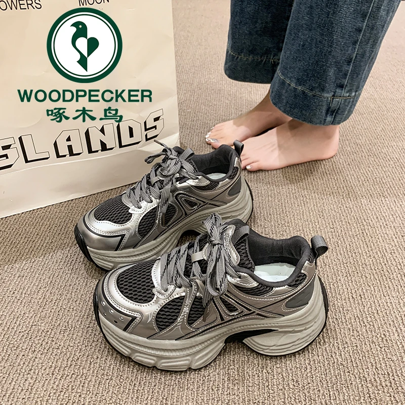啄木鸟爆款厚底老爹鞋小个子增高女鞋2025秋季新款百搭休闲运动鞋