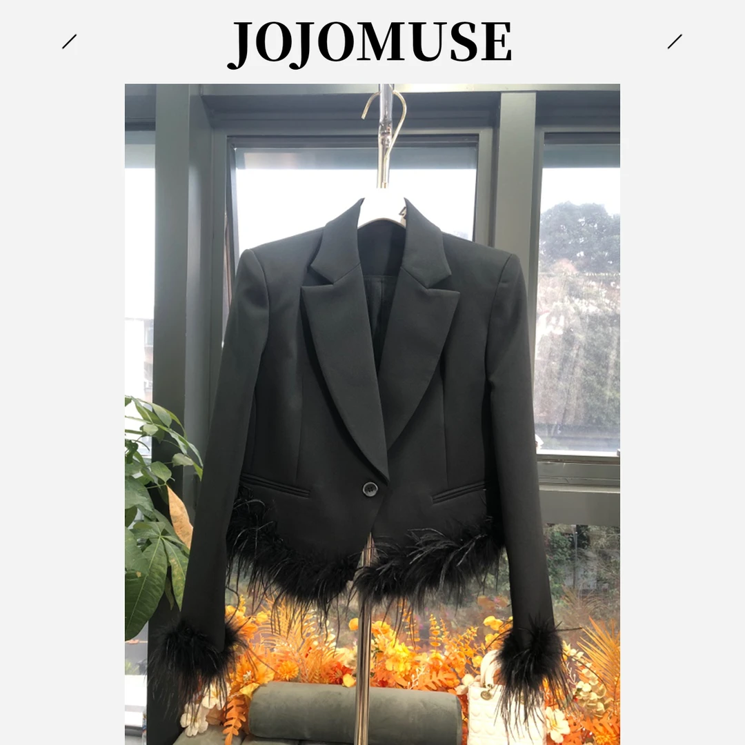 JOJO MUSE【鸿衣羽裳】短款翻领羽毛黑色西装外套