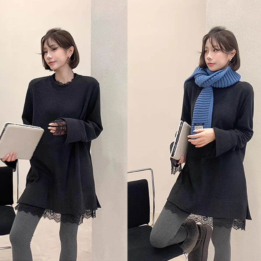 蕾丝拼接德绒打底衫女叠穿可外穿秋冬韩版百搭保暖宽松显瘦连衣裙