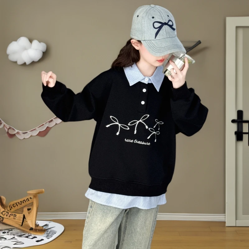 女童卫衣春秋装2025新款中大童休闲假两上衣洋气女孩秋季百搭外套