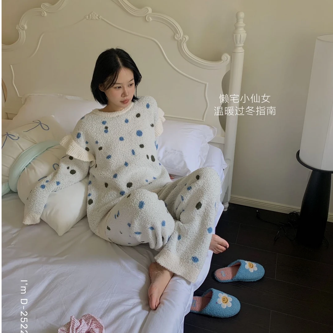杜小宅睡衣女冬绒新款套头加厚保暖可外穿韩版甜美半边绒家居服