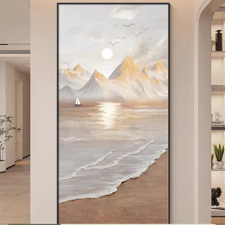 侘寂风入户玄关装饰画日照金山正对门走廊过道挂画肌理感海浪壁画