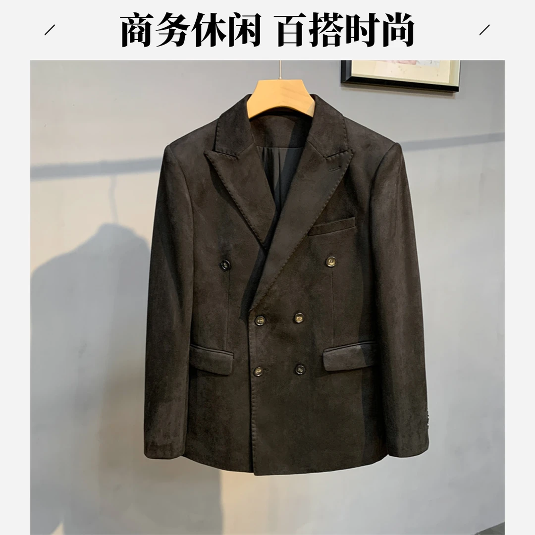 TANVIKENGD/泰维肯戈男士休闲麂皮绒西装外套双排扣纯色单西外套