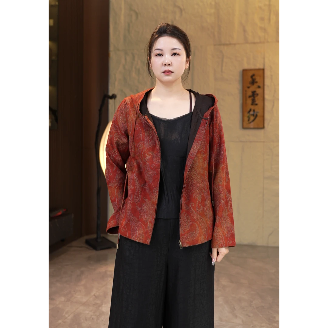 桑蚕丝新中式国风设计款香云纱双面穿印花连帽衫99115