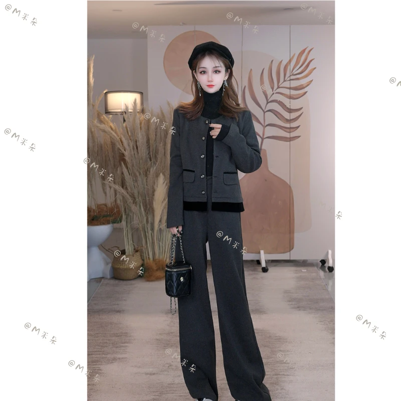2025秋冬新款气质套装小香风+高腰阔腿裤子两件套