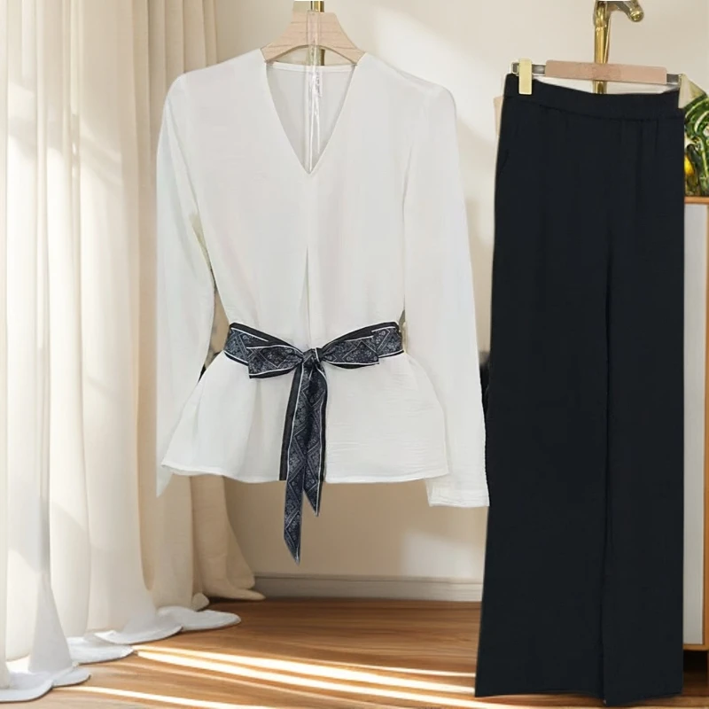 【三件套】高级感套装女2026早秋新款洋气长袖上衣+阔腿裤+丝巾M610