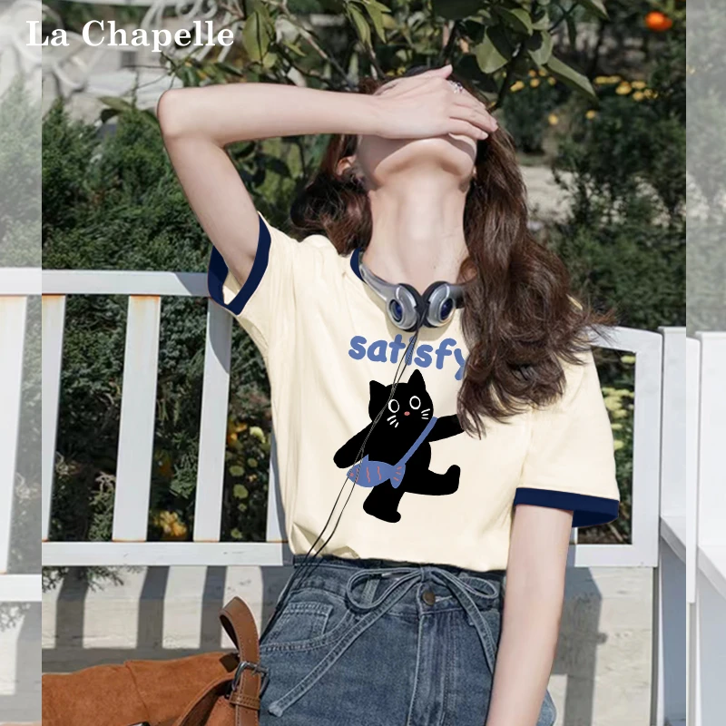 拉夏贝尔纯棉短袖女t恤2025新款爆款夏季女士上衣小个子体恤半袖