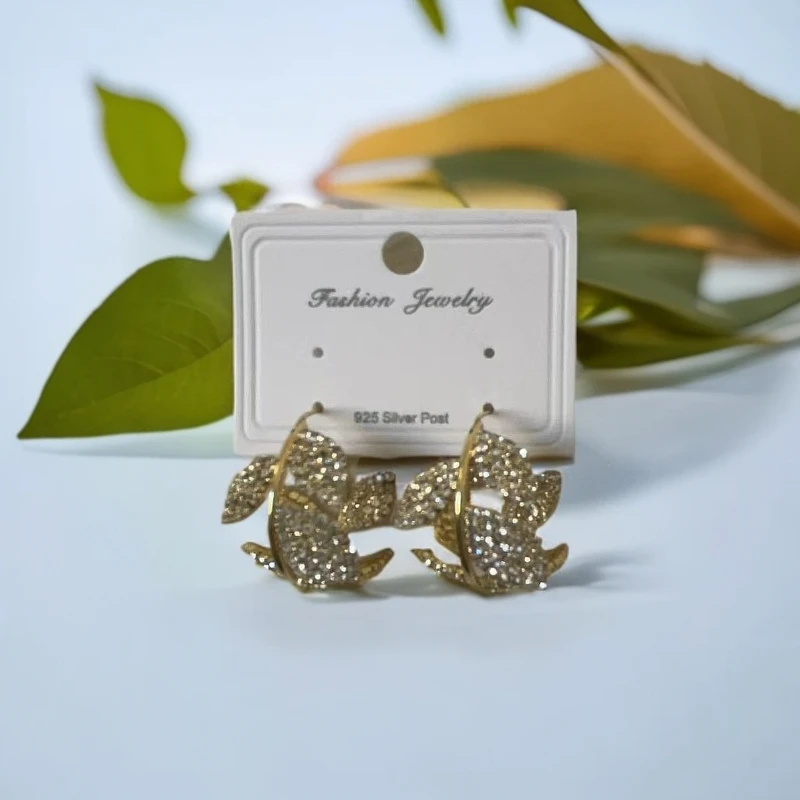 铜合金玻璃耳饰 024树叶轻奢设计感气质百搭铜合金锆石耳环耳饰