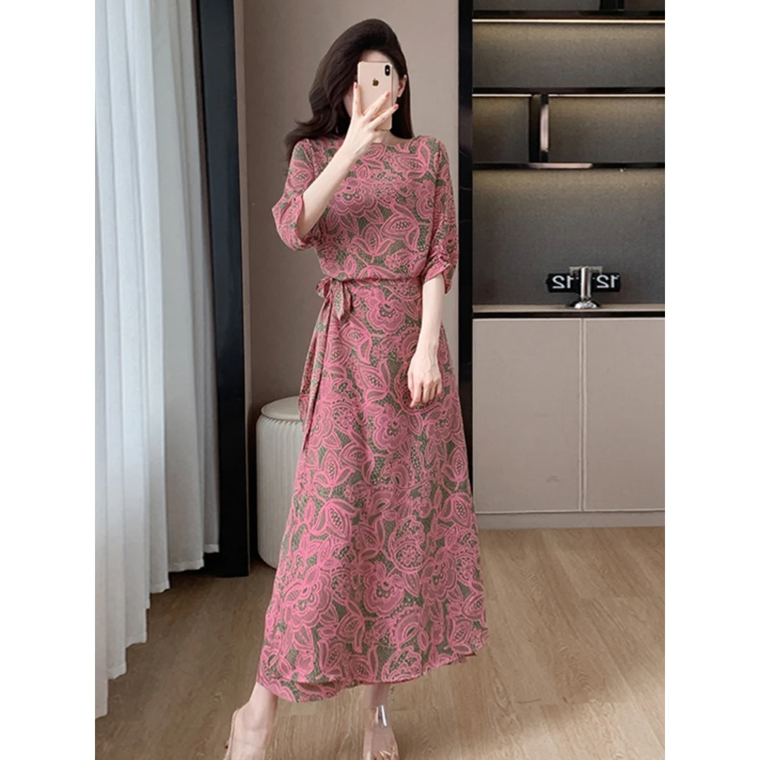 高级感法式复古系带假两件连衣裙女夏季新款字长裙裹身设计宽松