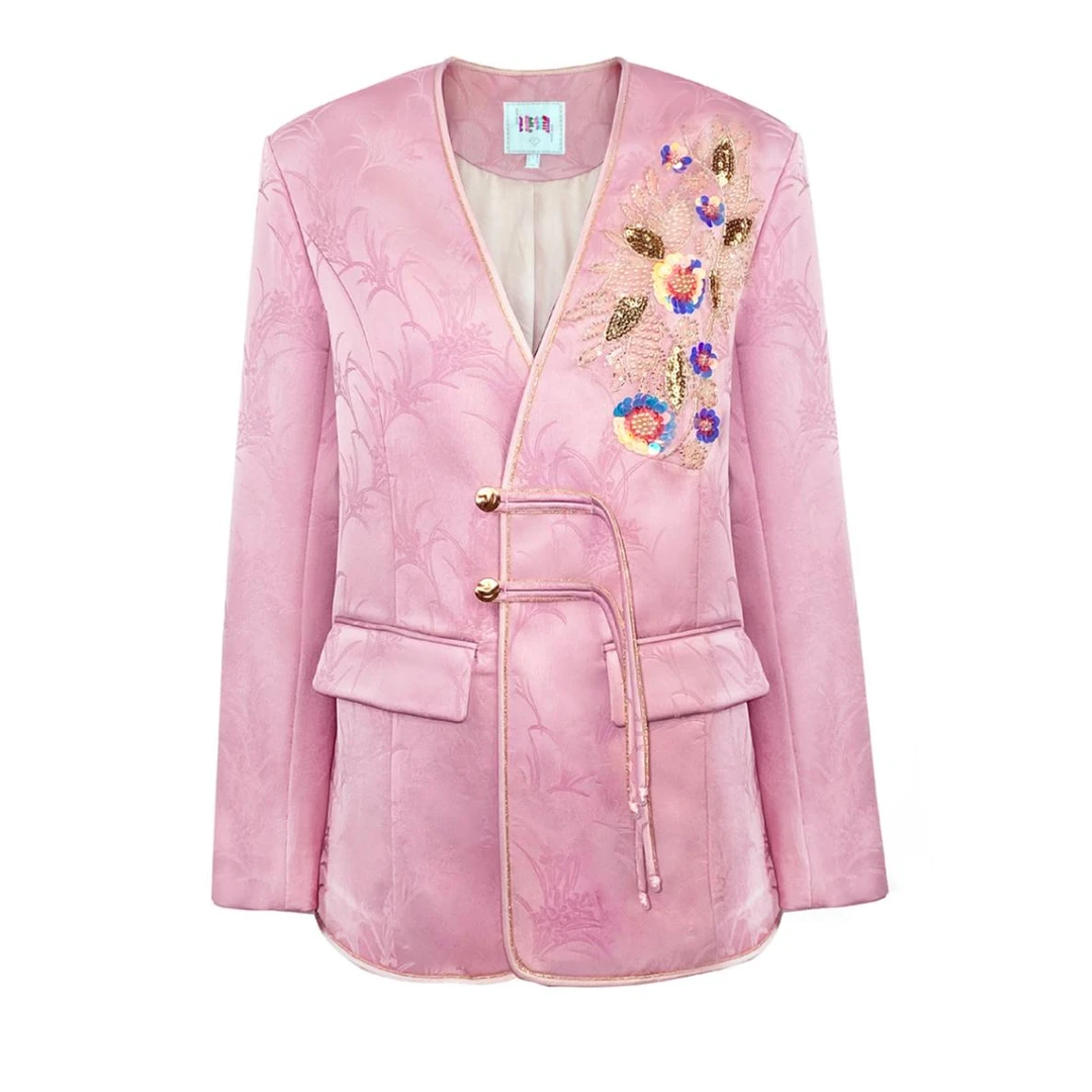 【NO退NO换】姜穹JIANGQIONG 2024国风亮片绣花饰缎面提花西装外套