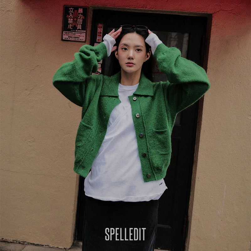 SPELLEDIT2025冬季新品复古翻领开衫韩系简约宽松蓬松羊毛开衫女