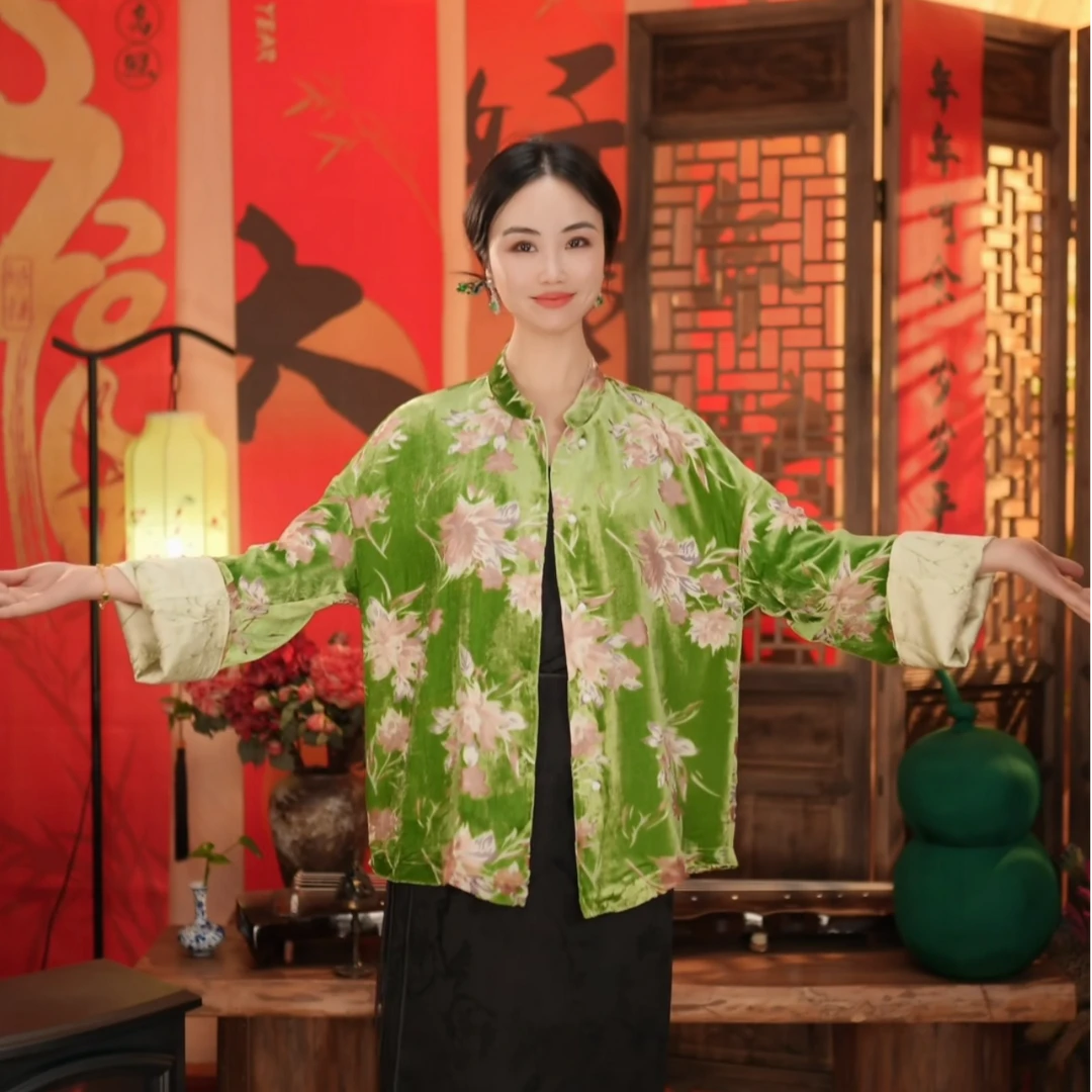 『观春』中式国风优雅时尚双面双穿真丝丝绒上衣   DFCY337235