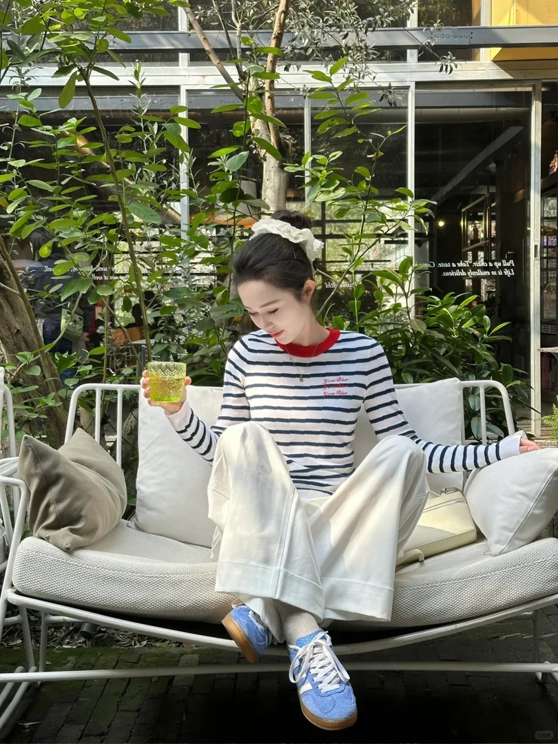 2025春装搭配一整套小个子减龄撞色条纹长袖t恤阔腿裤两件套装女