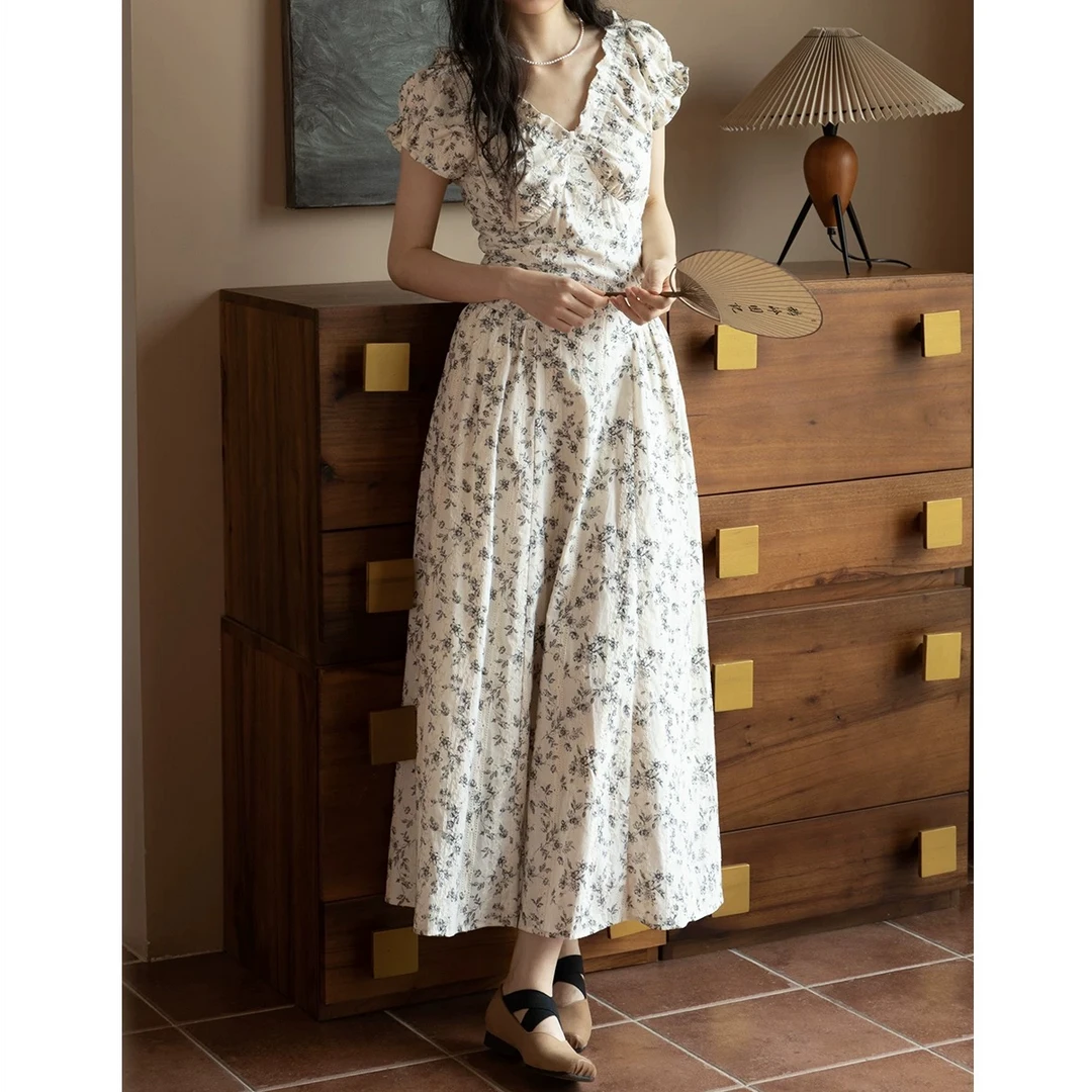 珩绣2025夏季棉布印花法式赫本收腰显瘦短袖连衣裙JS-88499