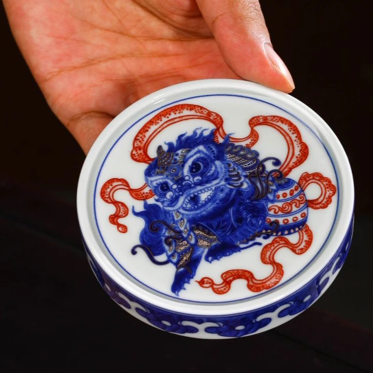 景德镇陶瓷手工中式高端杯垫青花描金高温瓷釉下彩双狮滚绣球盖置