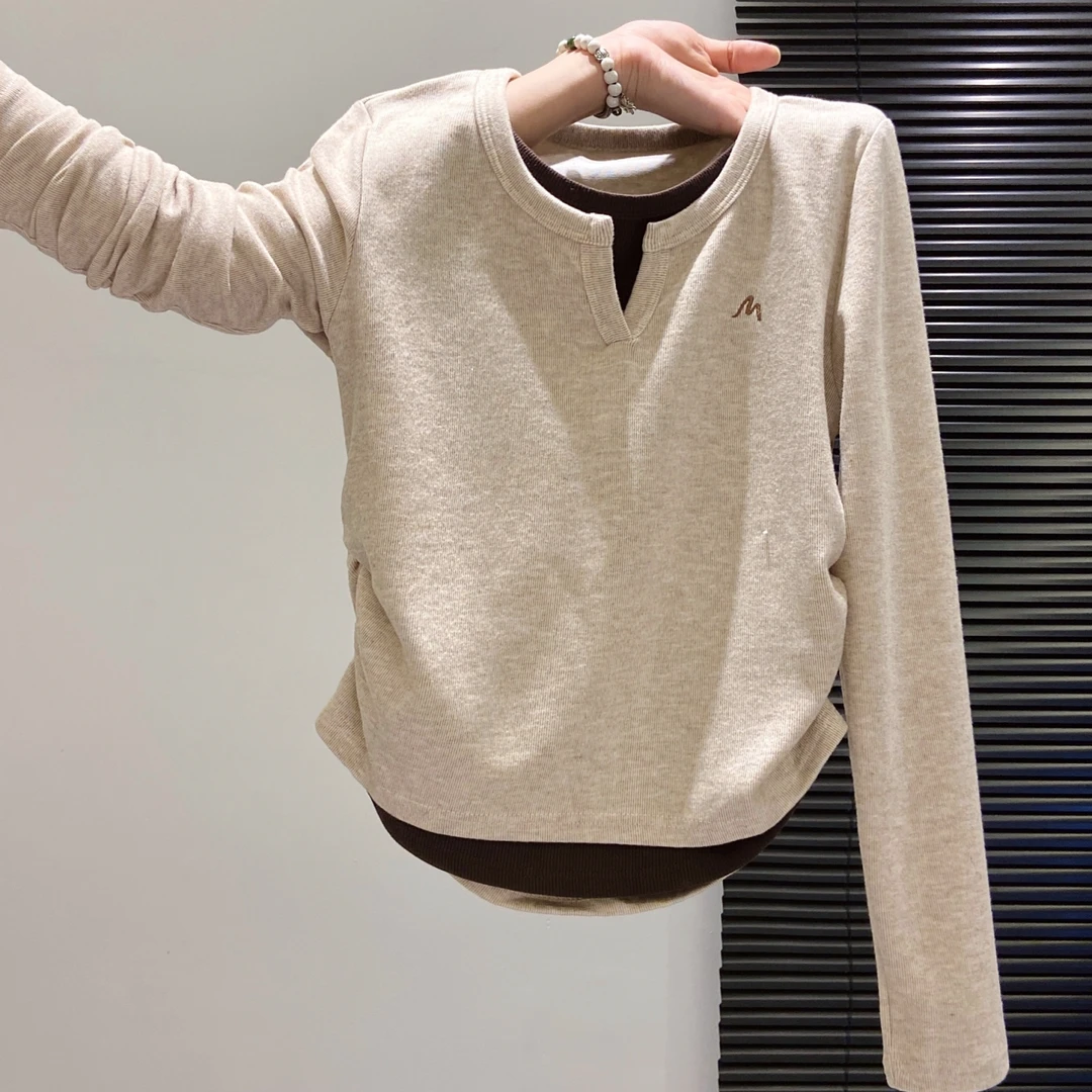 撞色假两件长袖t恤女2025秋季新款修身显瘦圆领内搭打底衫小上衣