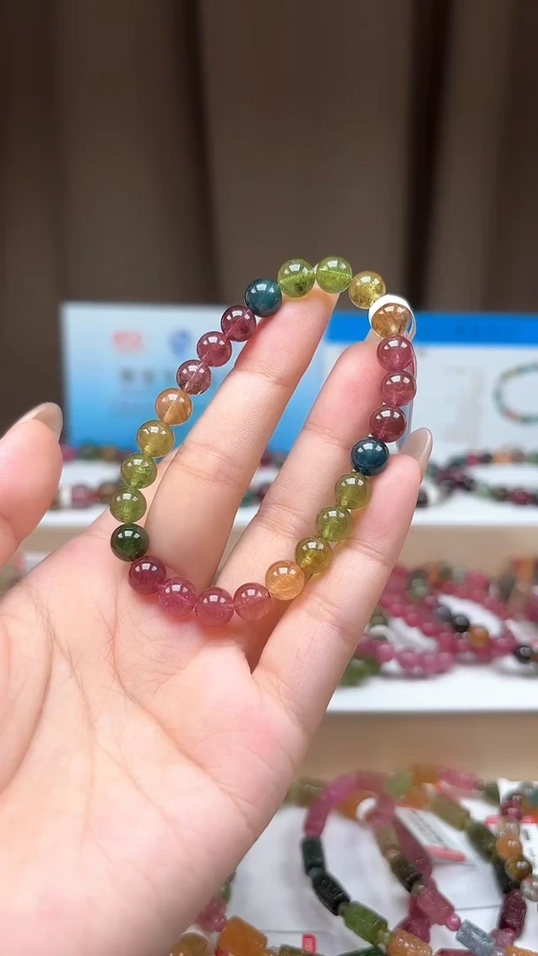 未镶嵌手串碧玺7.3mm明亮艳丽彩虹色玻璃体碧玺单圈手串