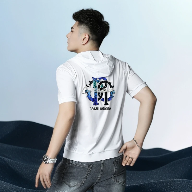 巴赛娜缇时尚潮流连帽开衫拉链t恤男潮牌短袖夏季休闲凉感T恤半袖