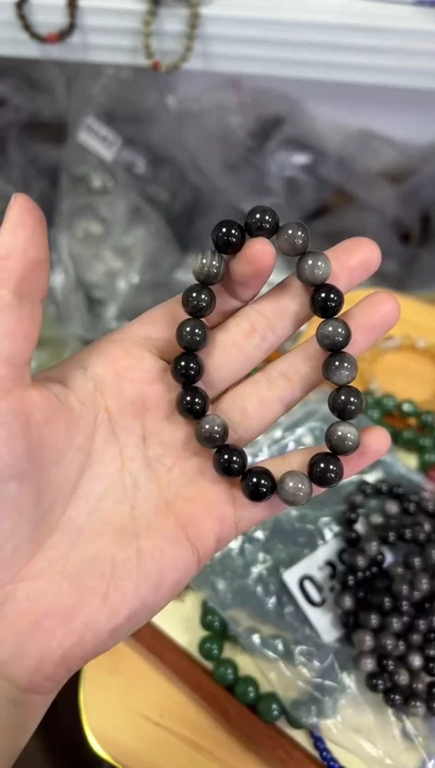 【闪购商品】黑曜岩手链未镶嵌银曜石素圈圆珠手串10MM[0387]