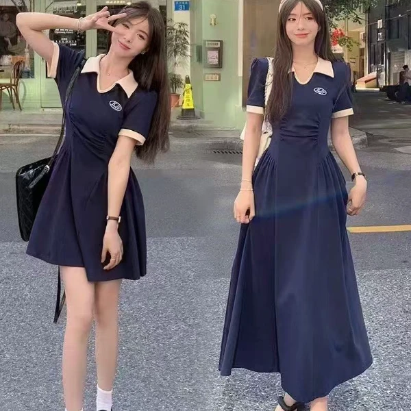 2025夏季新款大码女装时尚显瘦百搭修身褶皱polo领连衣裙