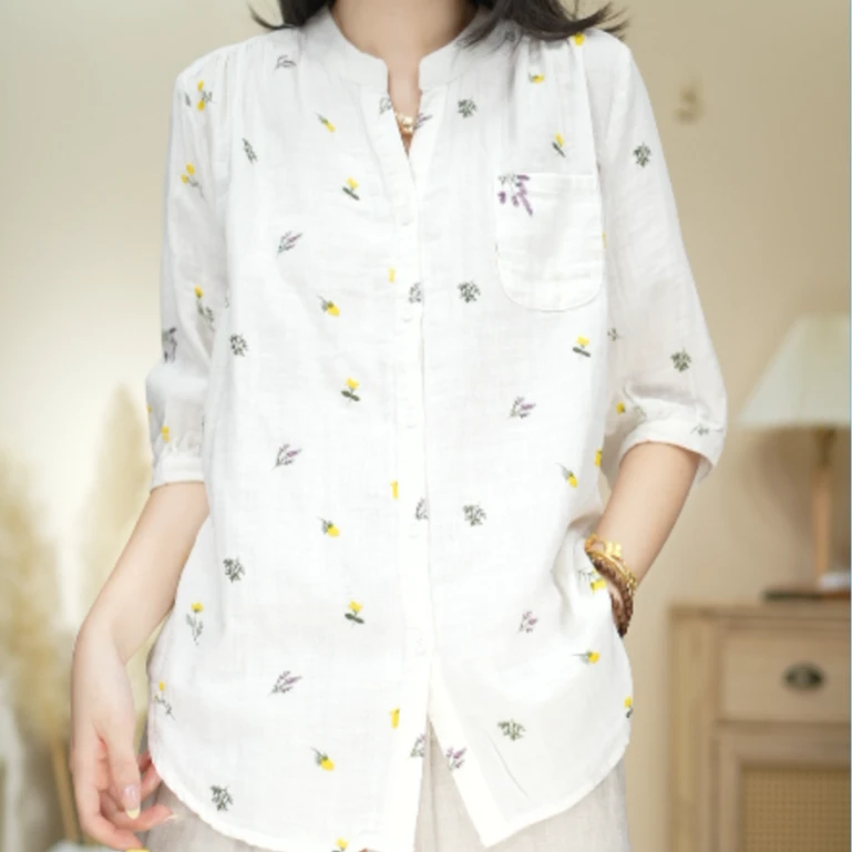 衬衣纯棉夏季复古春夏薄款文艺印花纯棉衬衫6541
