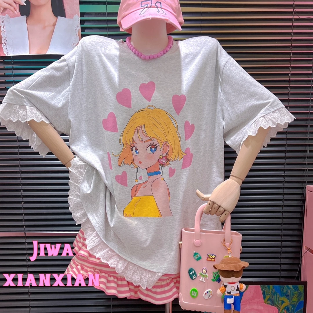 【纯熙+】30618夏季新款短发女孩T恤短袖上衣女韩版宽松拼接蕾丝边