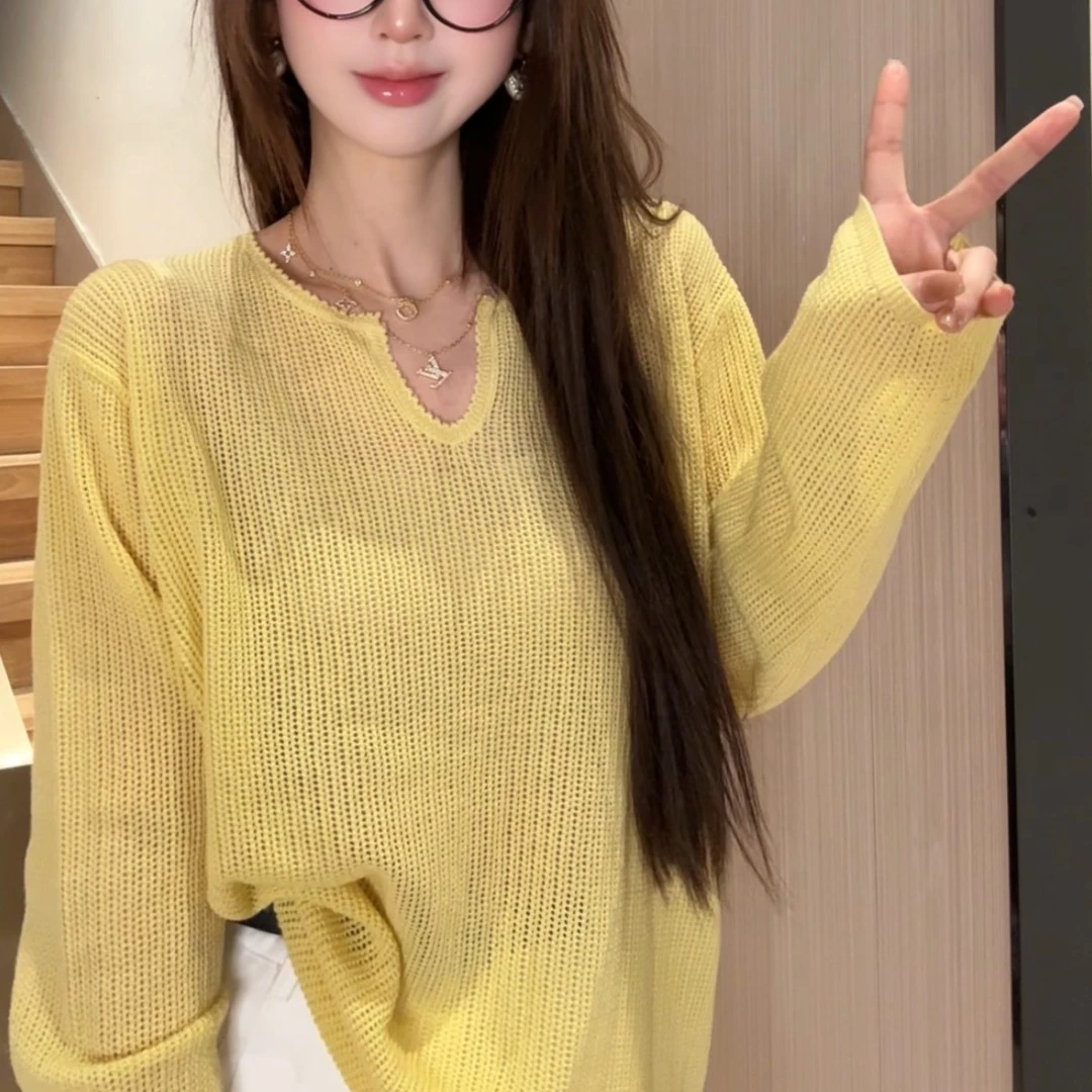 4050大码女装2025夏季新款韩系V领宽松针织衫女薄上衣独特罩衫