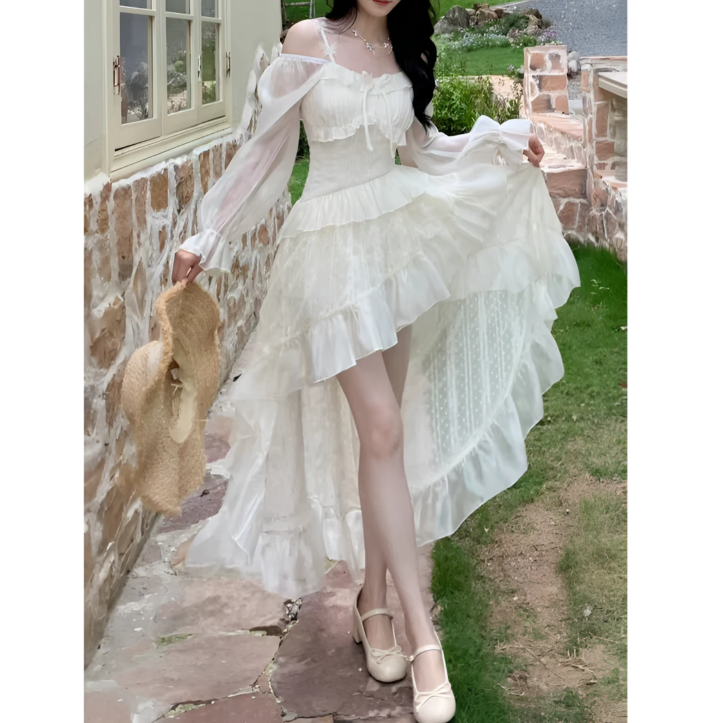 【现货】大码春季法式绣花设计感不规则裙摆吊带长袖连衣裙10786