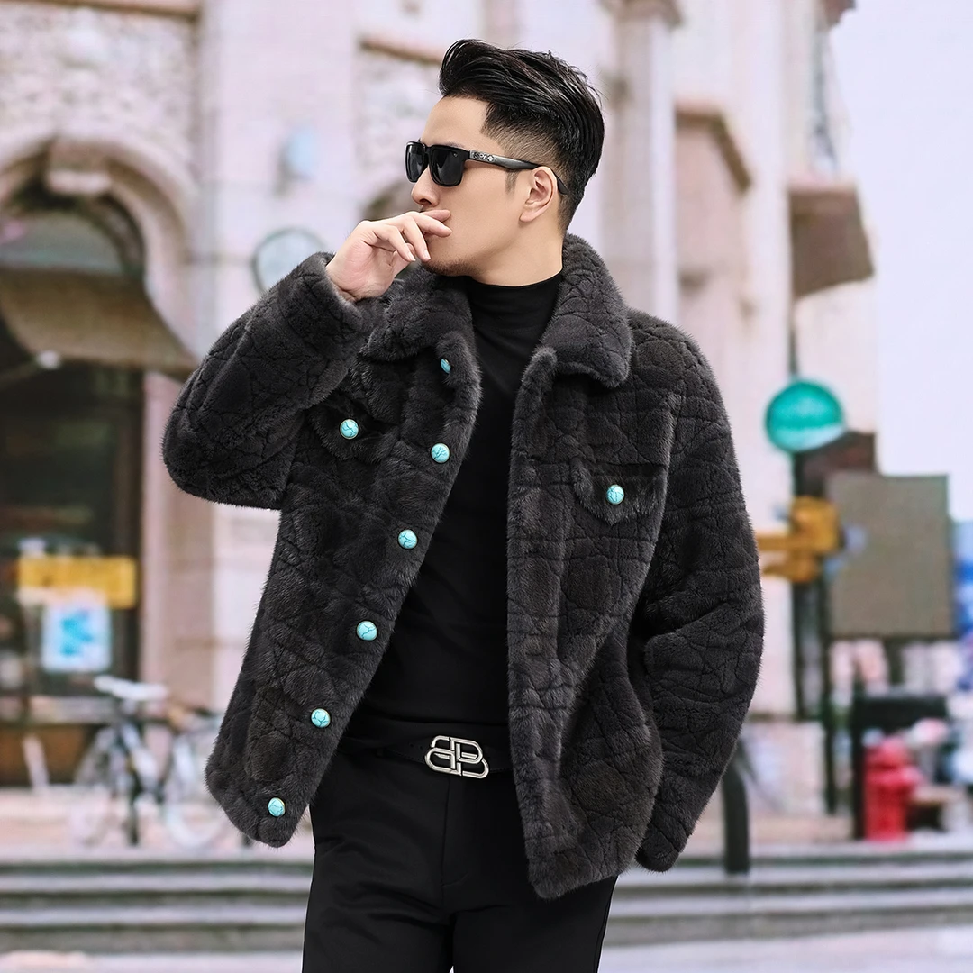 进口丹麦水貂大牌同款图纹手工剪花时尚休闲男士水貂外套轻奢潮流