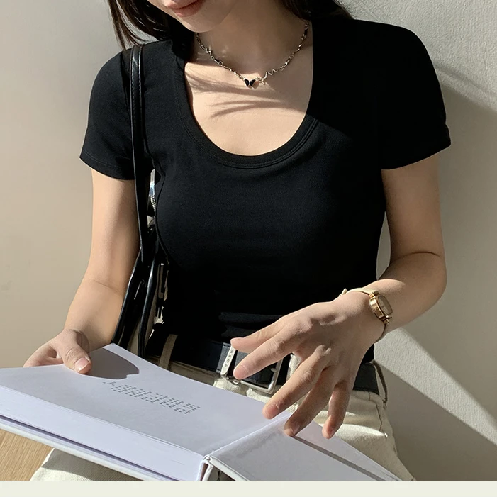 乐乐【8862】自带杯垫正肩修身显瘦短袖女生