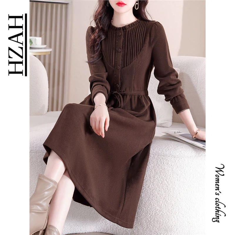 HZAH官方气质长袖连衣裙女2025春秋高级感裙子系带收腰a字中长裙