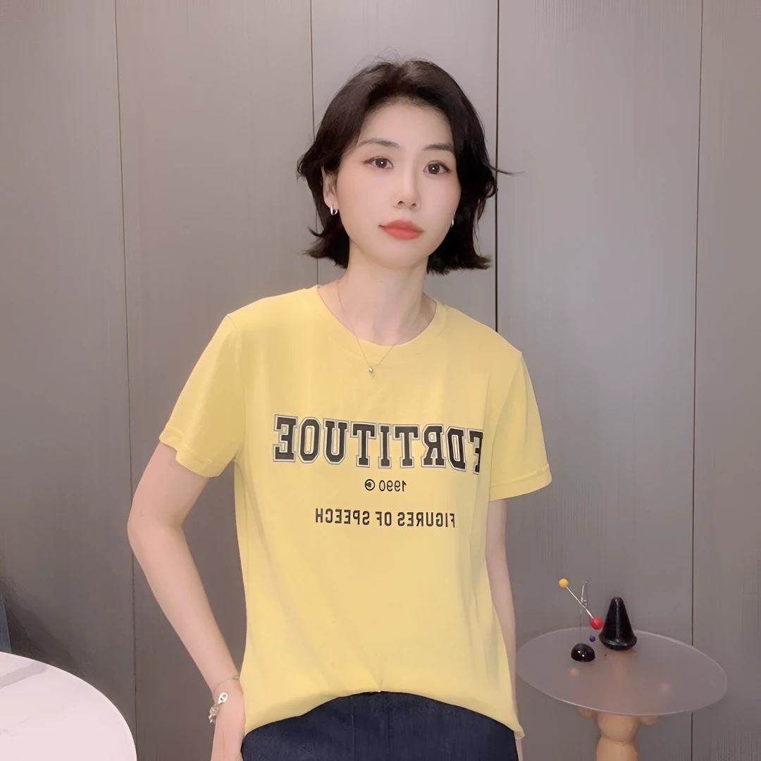 【美式】纯色字母T恤2025新款短袖打底上衣女