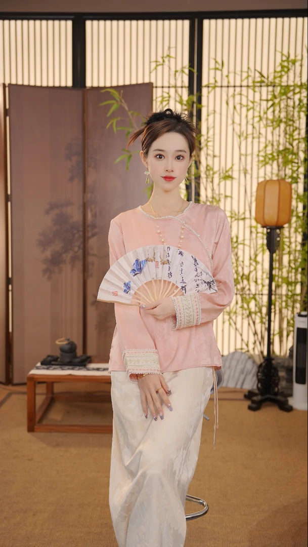 CJ【语花】新中式2024新款纯色长袖衬衫法式泡泡袖上衣FB250202