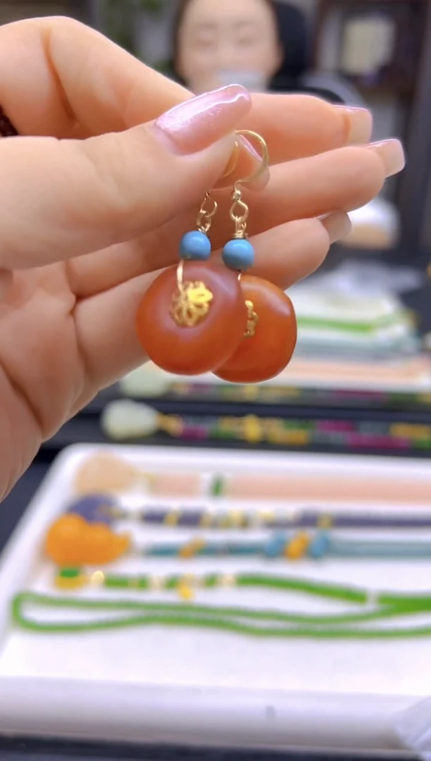 14K金镶嵌蜜蜡耳饰DIY款E65