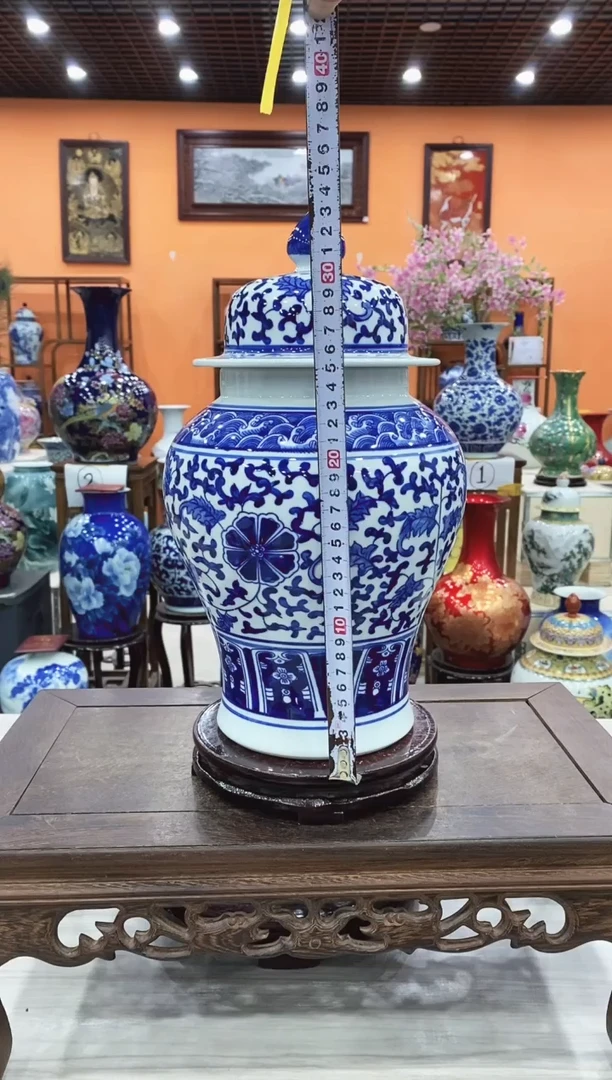 摆件青花富贵莲高35CM将军罐+旋转底座