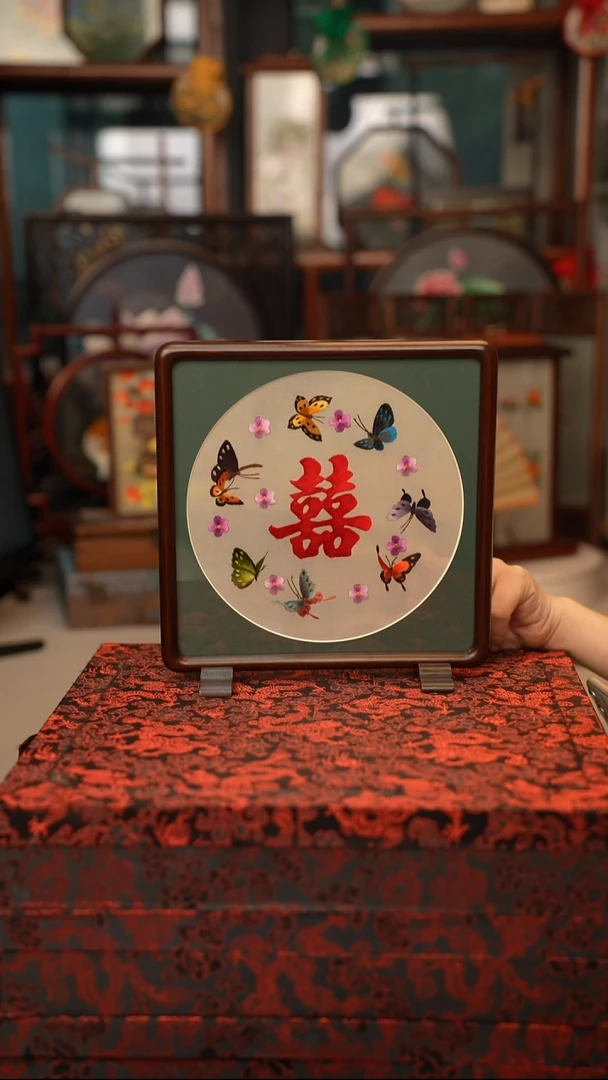 扇子苏绣双面绣四方台屏红木框大号20CM