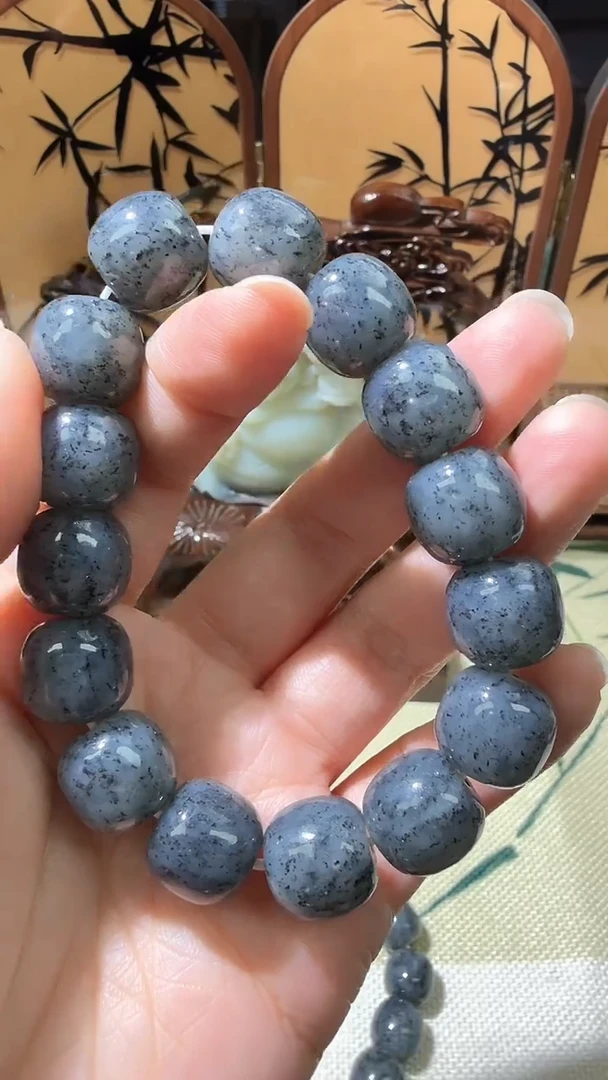 未镶嵌手串和田玉点墨青花手串13*14mm