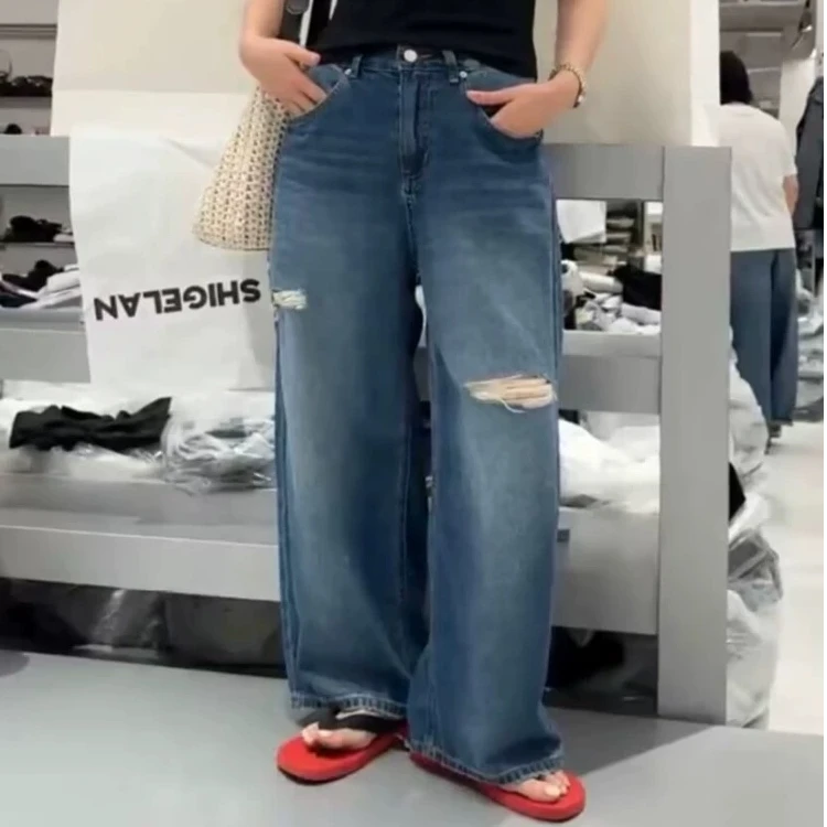 诗歌兰2025夏季新款百搭时尚宽松显瘦破洞休闲直筒裤九分裤牛仔裤