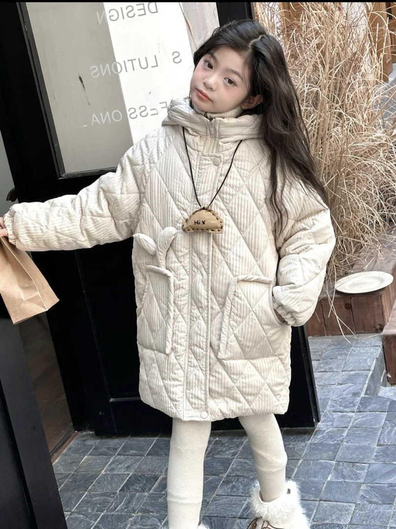 韩系冬季菱格压线棉服加厚保暖中长款