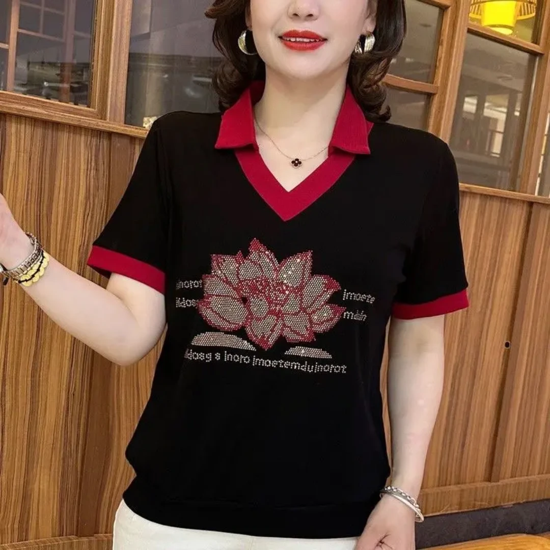 夏季短袖休闲洋气时尚妈妈领烫显瘦宽松搭T恤减龄上衣新款女装