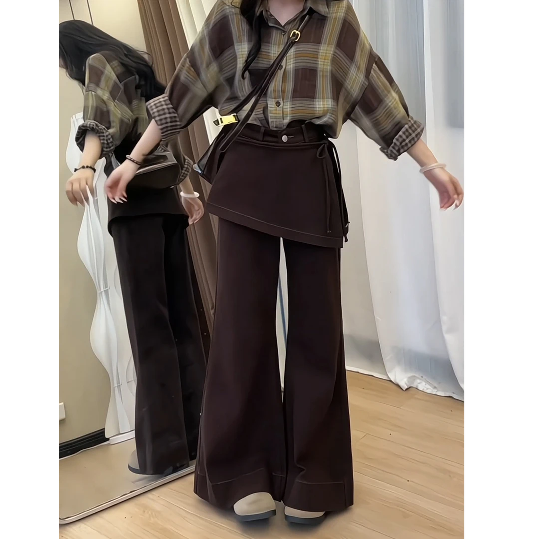 大码咖色屁帘微喇牛仔裤女秋新款胖mm高腰宽松显瘦百搭直筒喇叭裤